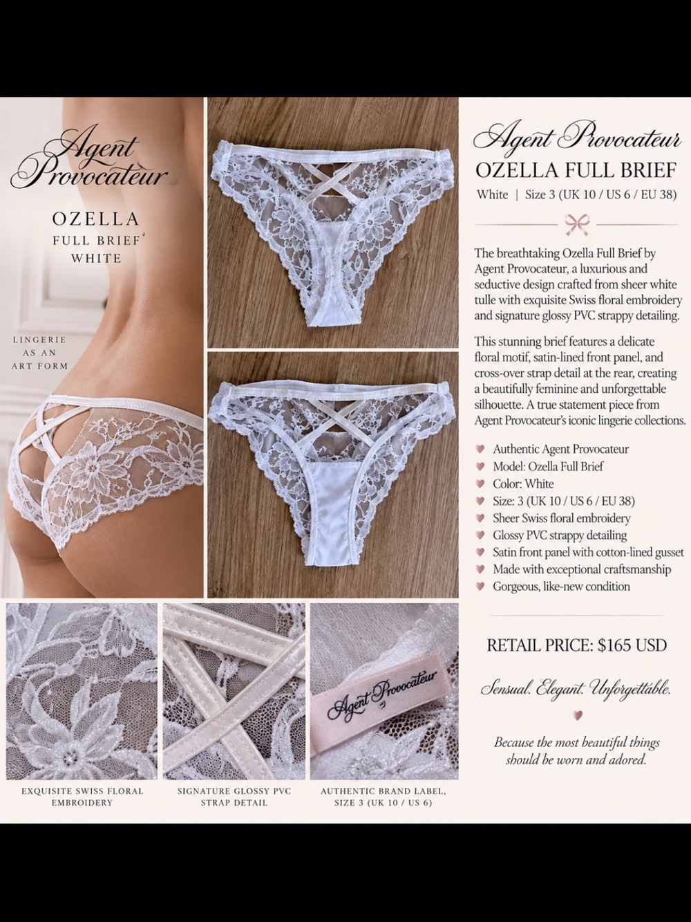 Agent Provocateur Ozella Full Brief White Swiss Embroidery Size S/M